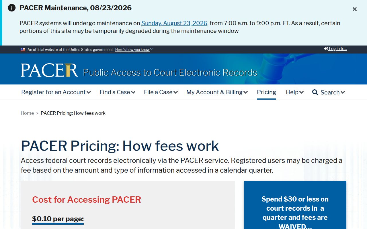 Wayne County federal court case records PACER pricing page
